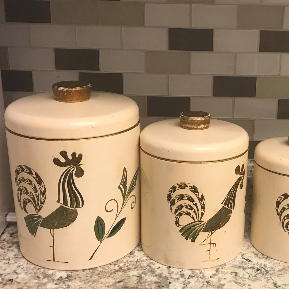 Ransburg Indianapolis Metal Jar Canister Set 4 Rooster Cream Vintage 1950s-1960s